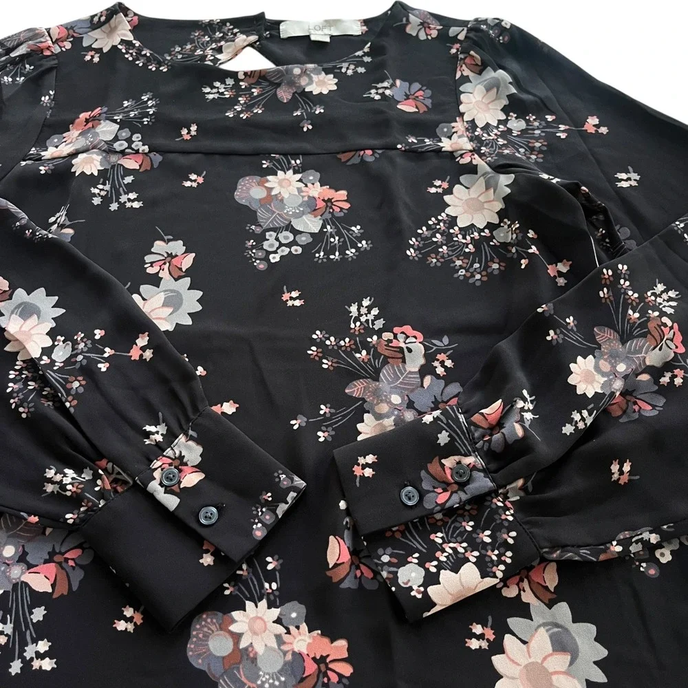 LOFT Women's S Black Pink Floral Bouquet Long Sleeve Cutout Casual Career Blouse